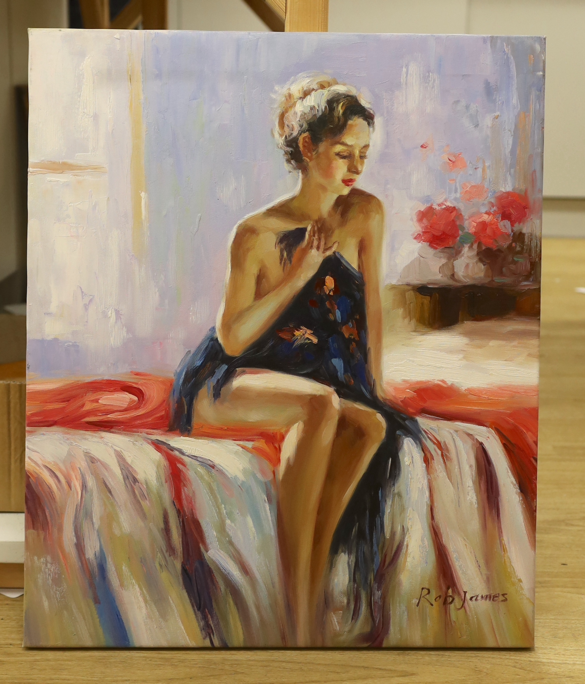 Rob James, acrylic on canvas, Model seated upon a bed, signed, 61 x 51cm, unframed